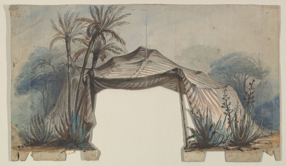 Watercolor and graphite drawing depicting a raised striped tent in an arid landscape flanked by small palm trees and low cacti. The flaps of the tent are splayed to show an empty interior that has been cut out from the drawing. 
