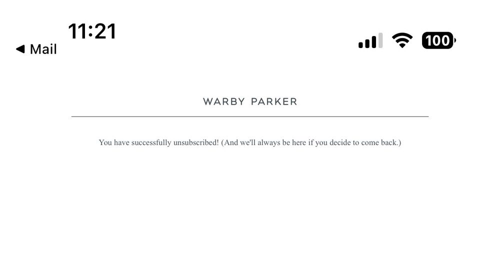 Warby Parker gaslighting me with super tiny font on mobile when unsubscribing.