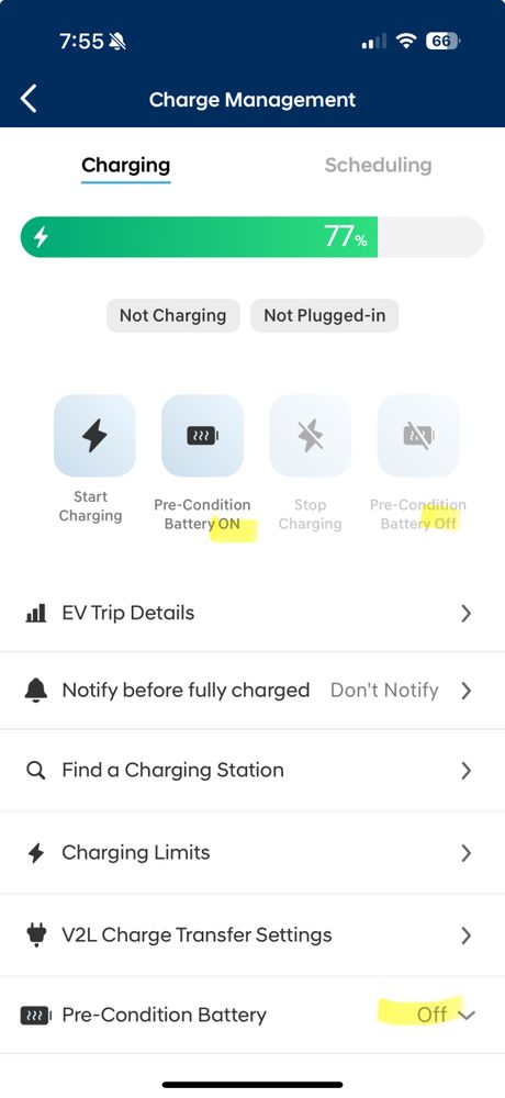 Screen lists precondition in three places, two say off and one says on. Two are icons one is a row with a downward caret.