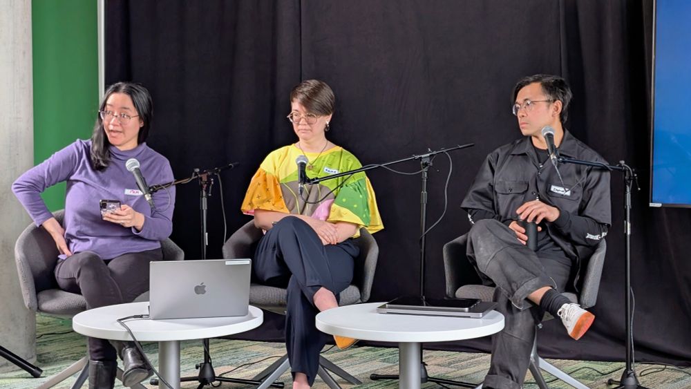 three people sitting at mics: Pam Punzalan, Emma Yasui, Immony Men