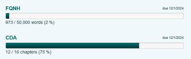 Um print do site myWriteClub, em que meu projeto FQNH está com 973 palavras escritas de 50.000 da meta, e CDA tem 12 capítulos finalizados de 16 no total.
