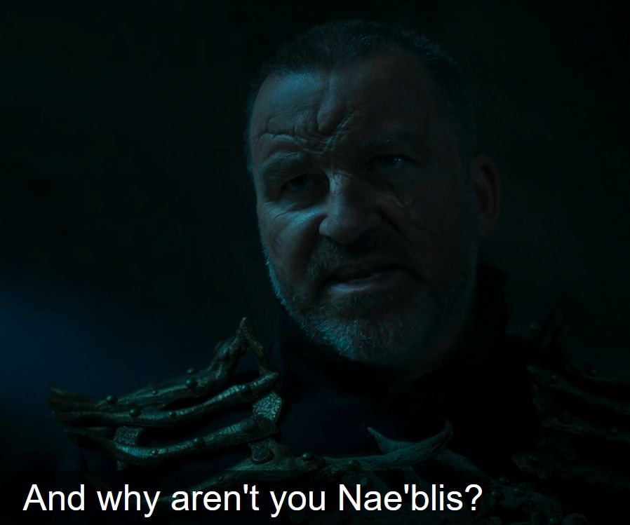 Sammael, a scar-faced white man wearing creepy gold armor, grimaces at Lanfear, who is offscreen. Text says, "And why aren't you Nae'blis?"