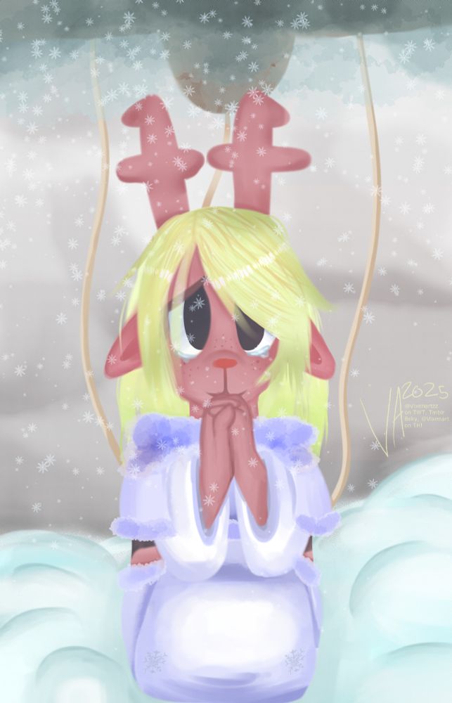 A lineless drawing of Noelle Holiday from DELTARUNE. She is kneeling in a bed of snow, snowflakes falling all around her and hands clasped together in a praying sort of pose. shes smiling but has worried eyes with tears in them, a marionette bar is faintly seen behind her, with its strings supposedly attached to her.