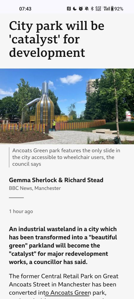 BBC news article that incorrectly describes a new park being built on the old Central Retail park site. 

The park they reference is actually a bit further away and much smaller. 