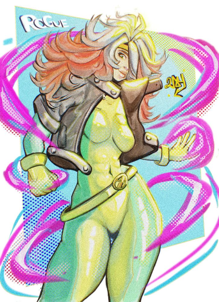 An illustration of the Marvel character Rogue hips skewd mid flight? Energy swirling around sun illuminating from above