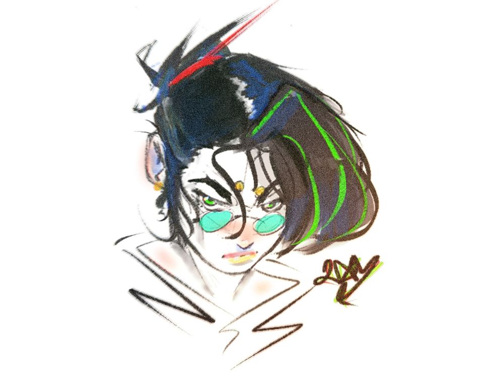 A headshot sketch of a woman with black and green hair wearing glasses with a stern expression 