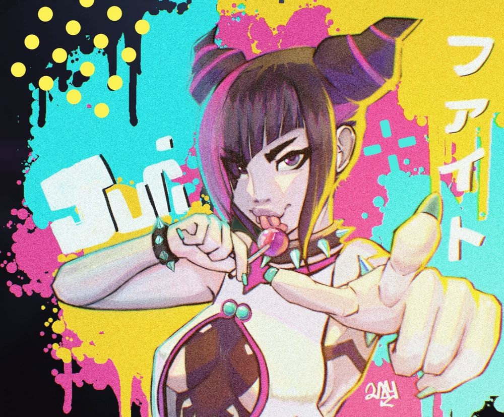 An illustration of the streetfighter character juri pointing at the veiwer  while licking a sucker