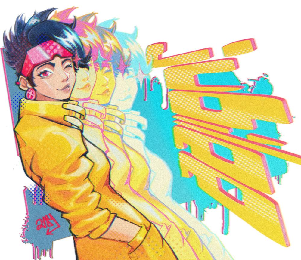 An illustration of the Marvel character Jubilee in front of a blue backsplash the word Jubilee in bold to her right