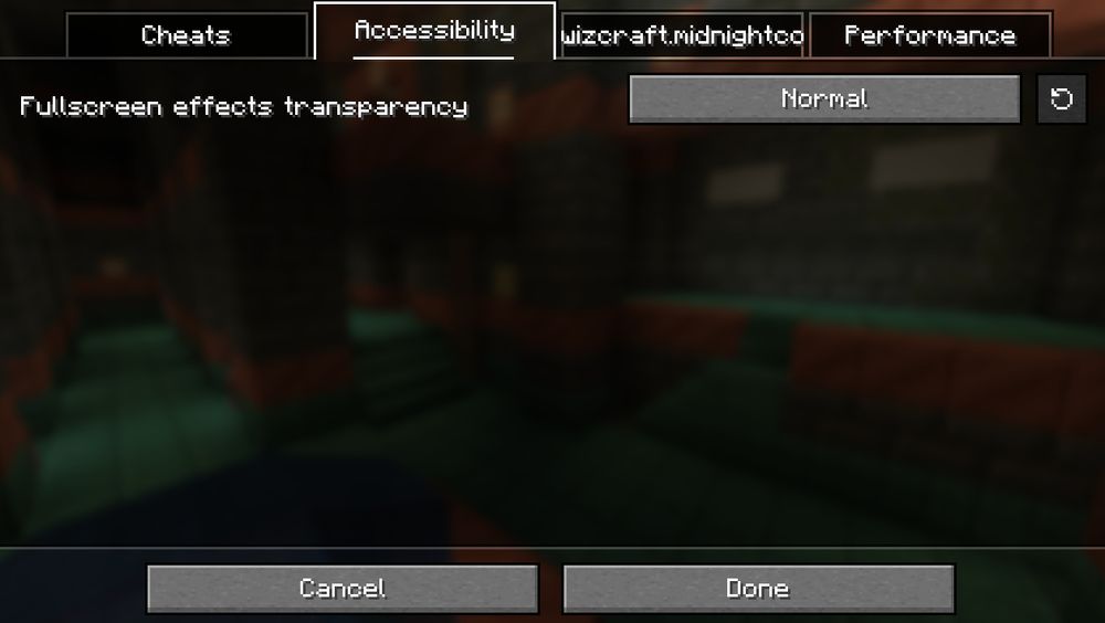 A screenshot of the settings page of my Minecraft mod, showing an Accessibility tab with one option so far: the option to regulate Fullscreen effects transparency