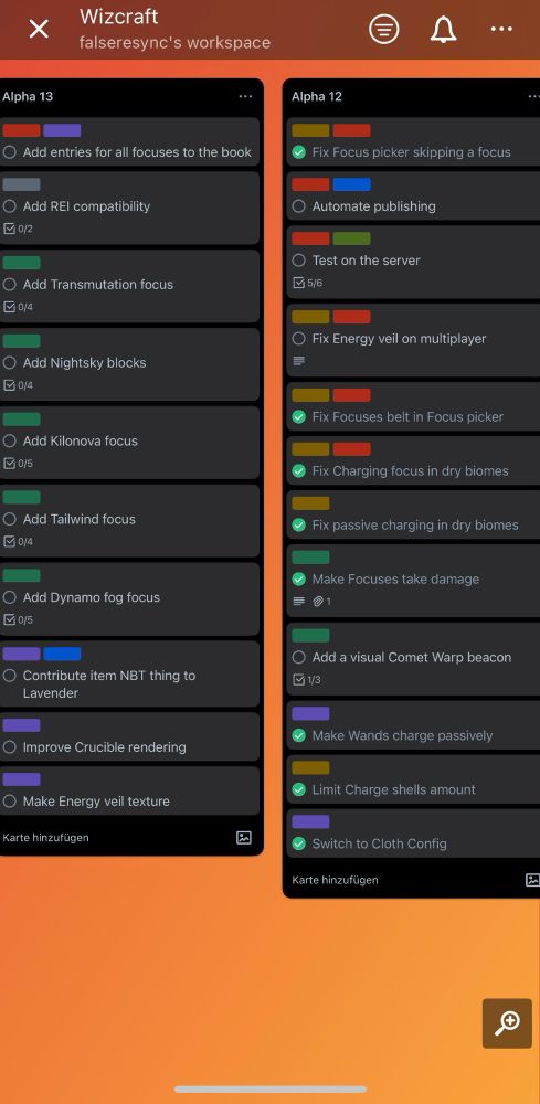 A screenshot of the Trello mobile app with a couple of kanban boards shown. On them are the tasks for my mod development 