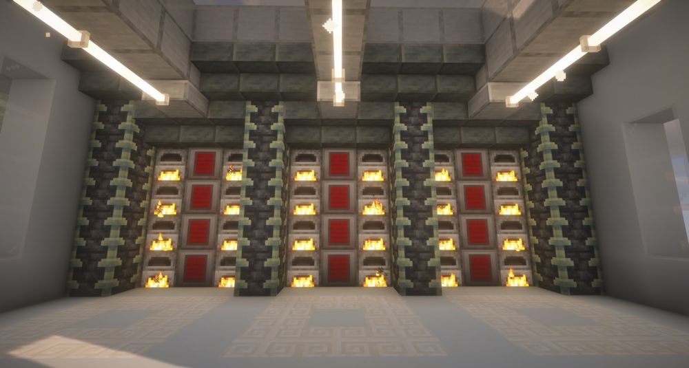 A screenshot demonstrating an array of Heaters heating furnaces in Minecraft with my mod Vivatech