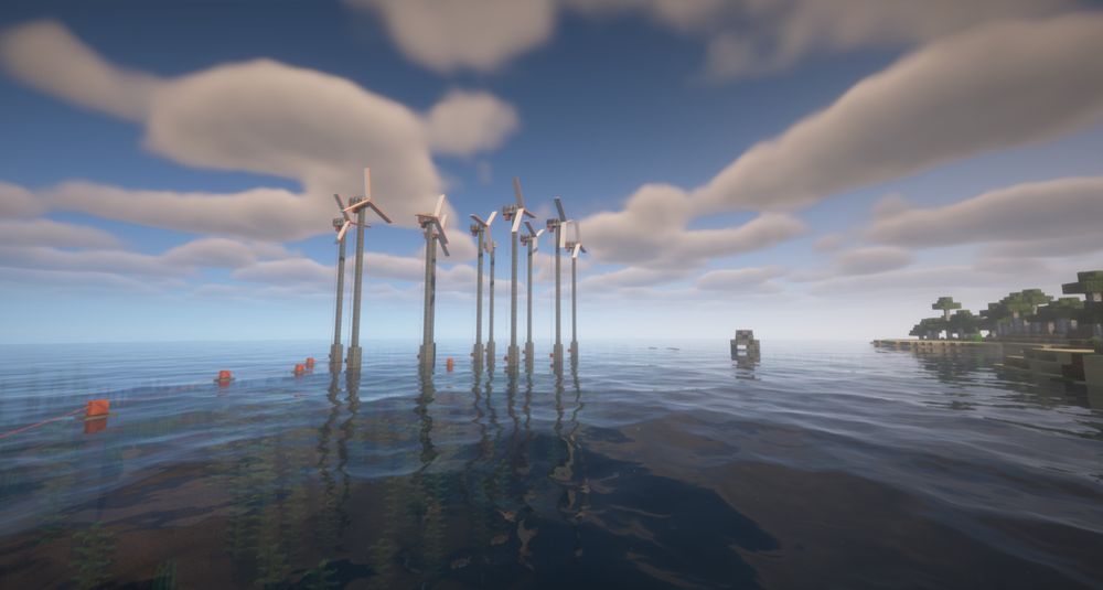 A screenshot demonstrating an array of Wind turbines in Minecraft with my mod Vivatech