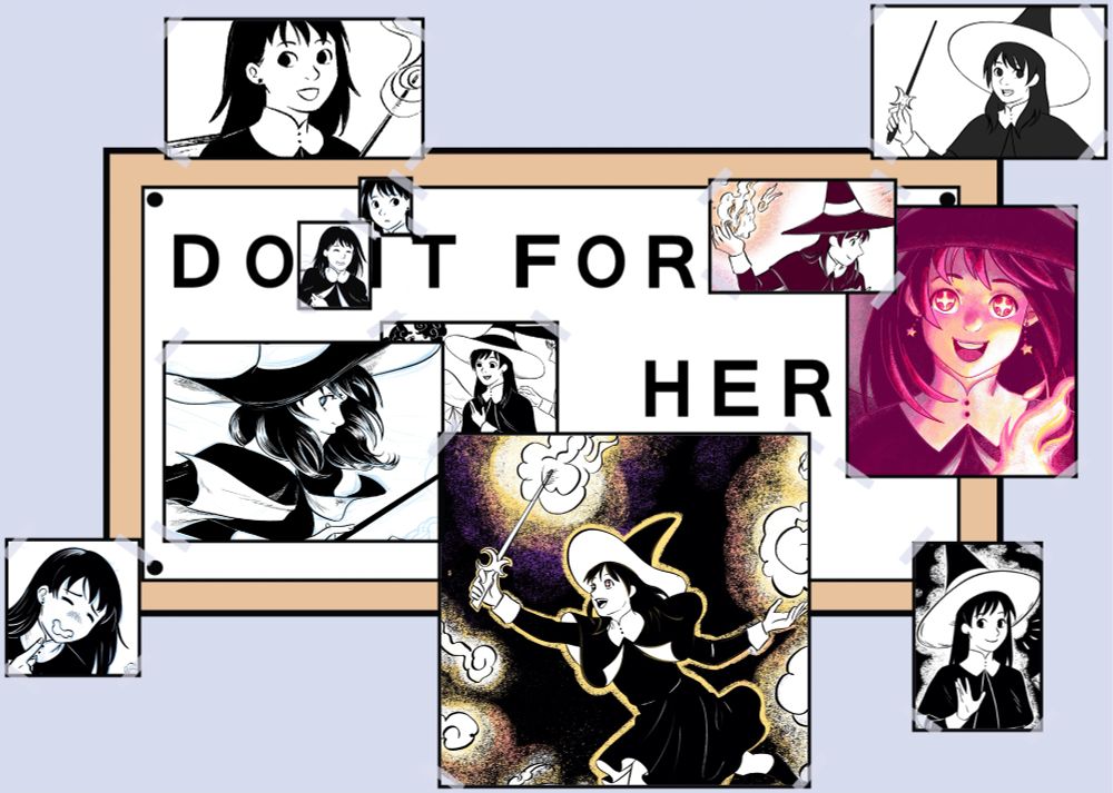 Do It For Her meme template featuring drawings of my character Penny Lee, the witch girl protagonist of her own story, to motivate me to keep drawing her comic even when I feel down.