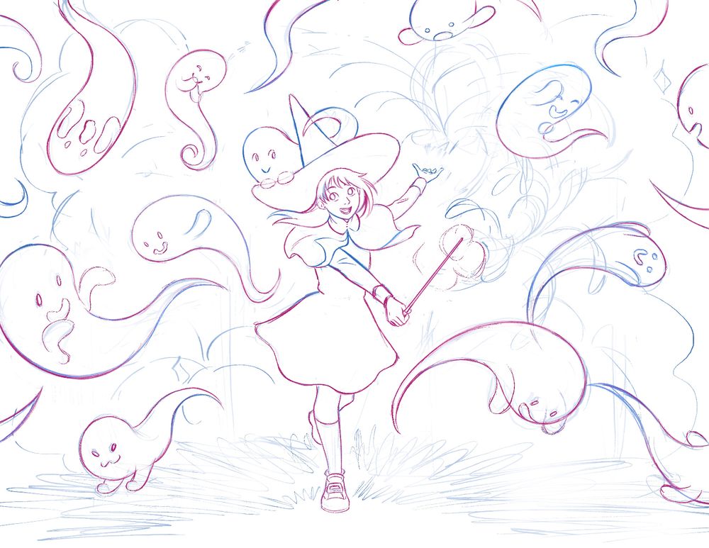 a sketch WIP of a young witch girl playing with some ghosts. the style is manga-esque