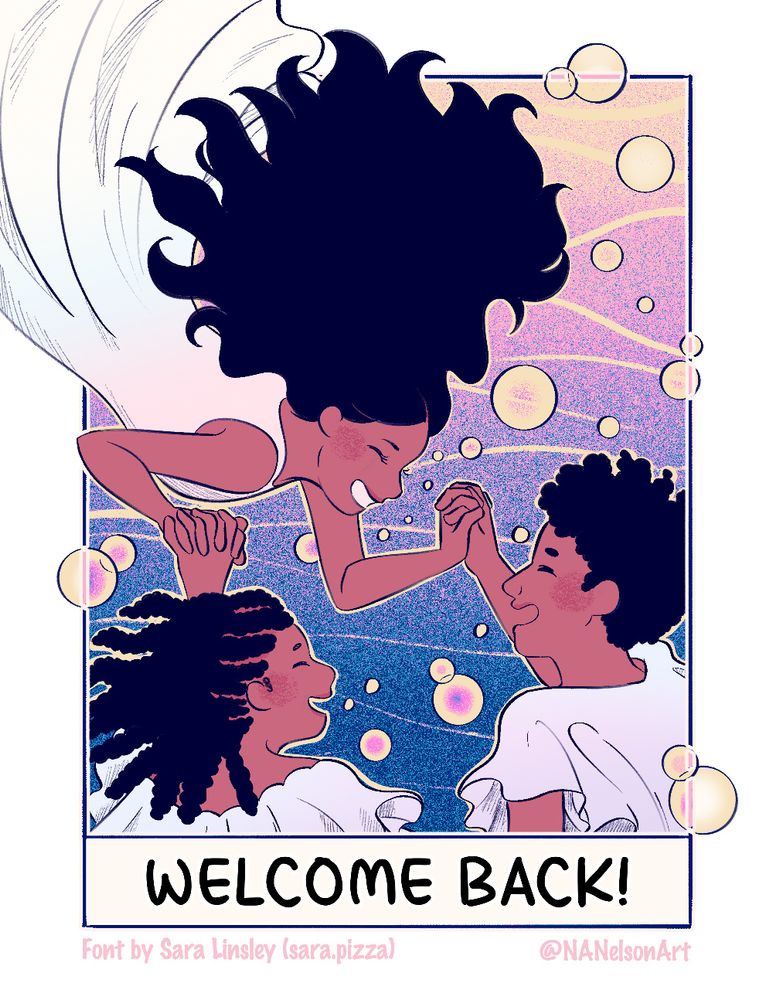 Droplet, page 8, 2023: a young woman falls into the ocean where she remembers her origins as a water droplet; she rejoins her friends in the sea (font by Sara Linsley sara.pizza)