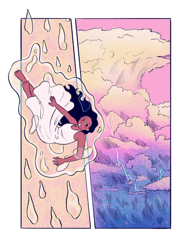 droplet, wordless page from a comic story, 2023