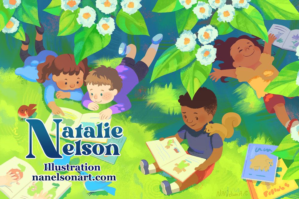 "Spring Reading" - a postcard version of a cheerful illustration featuring a small group of children reading picture books under a brightly lit flowering spring tree. Various little woodland critters are enjoying the books too.