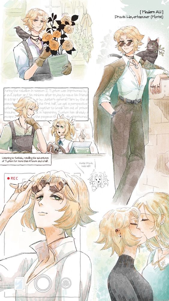 Modern AU where Druvis Weyerhaeuser becomes a florist after losing her family in a fire, the flower shop was given to her by Sotheby's family who is a distant relative in hopes of giving Druvis something to cope with after the tragedy (besides paying for her therapy). She mostly babysits her niece Sotheby and befriends the local stray animals as she's not comfortable with other human interactions until later on, she opens up to Sotheby's former home tutor/current literature teacher Hannah.