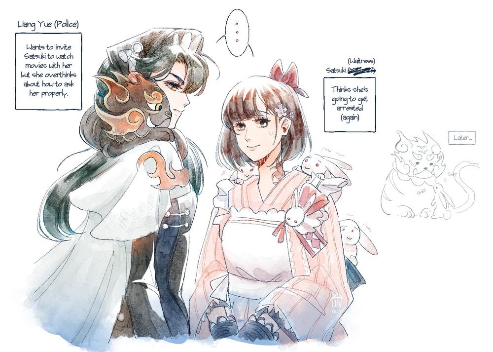 An art of Liang Yue staring intently at Satsuki who's avoiding her gaze with Satsuki's bunnies being terrified of Qiangliang who's on Liang Yue's shoulder.

Box 1) Liang Yue (Police), Wants to invite Satsuki to watch movies with her but she over thinks about how to ask her properly.
Box 2) Satsuki -crossed out- (Waitress), Thinks she's going to get arrested (again)
