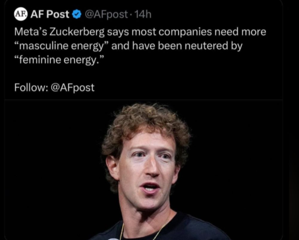 E AF Post @AFpost. 14h Meta's Zuckerberg says most companies need more "masculine energy" and have been neutered by "feminine energy. 
Follow: @AFpost