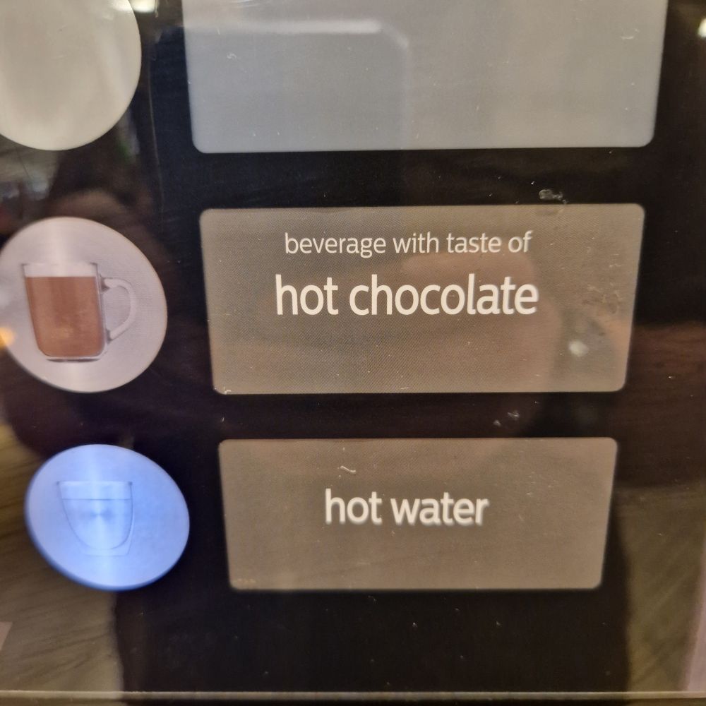 A hot drinks machine with an option for 'beverage with the taste of hot chocolate'. A welcome dose of honesty because vending machine hot chocolate never gets beyond 'tastes vaguely like hot chocolate' in terms of quality. 