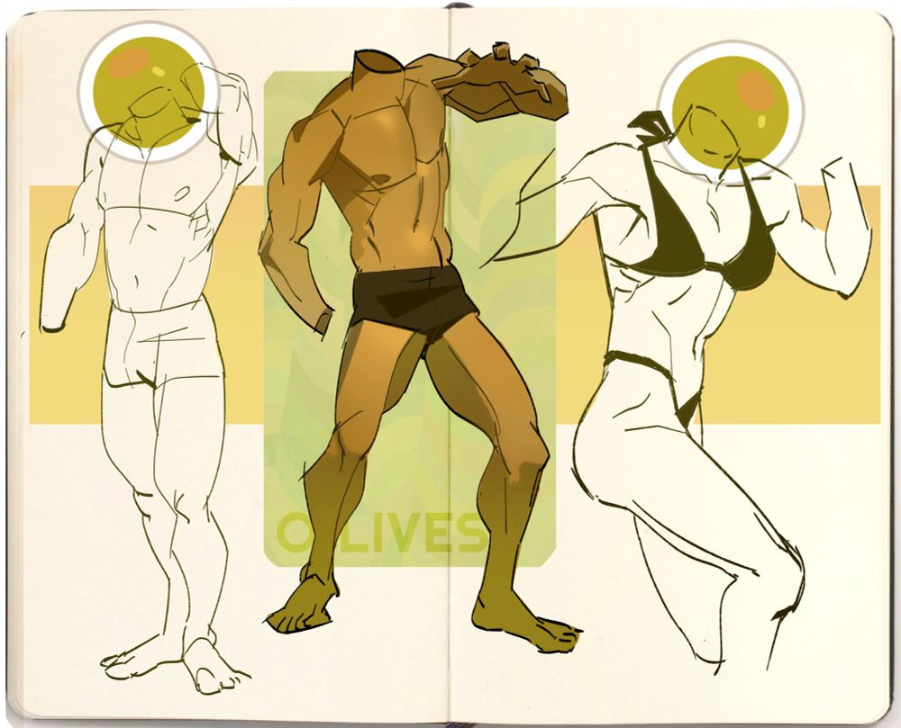 A sketchbook page of figures. Olive stickers are placed on the heads of two figures. At the bottom, text reads: OLIVES