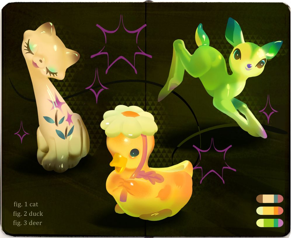 A sketchbook page of 3 kitschy knack-knack animal figures - a cat, a duck holding a flower, and a deer. 
