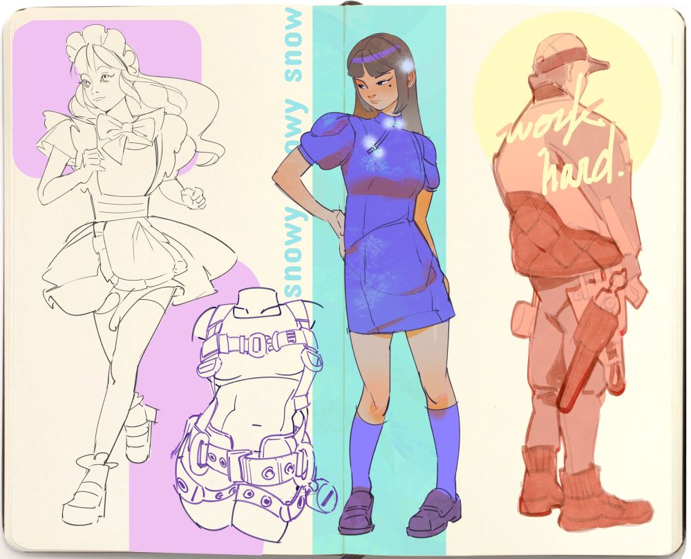 A sketchbook page filled with lineart of people and a torso. Some have been colored. The text "snowy snowy snow" is written along the middle.