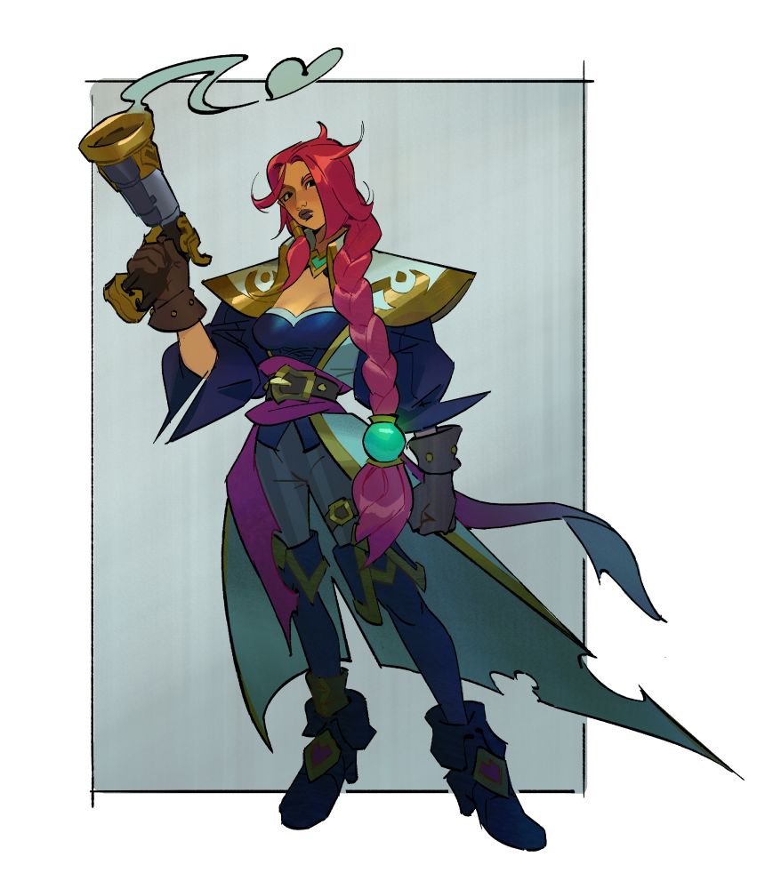 Miss Fortune in her default Ruined King attire holding a pistol with smoke coming from the muzzle. The smoke forms a heart at the end.
