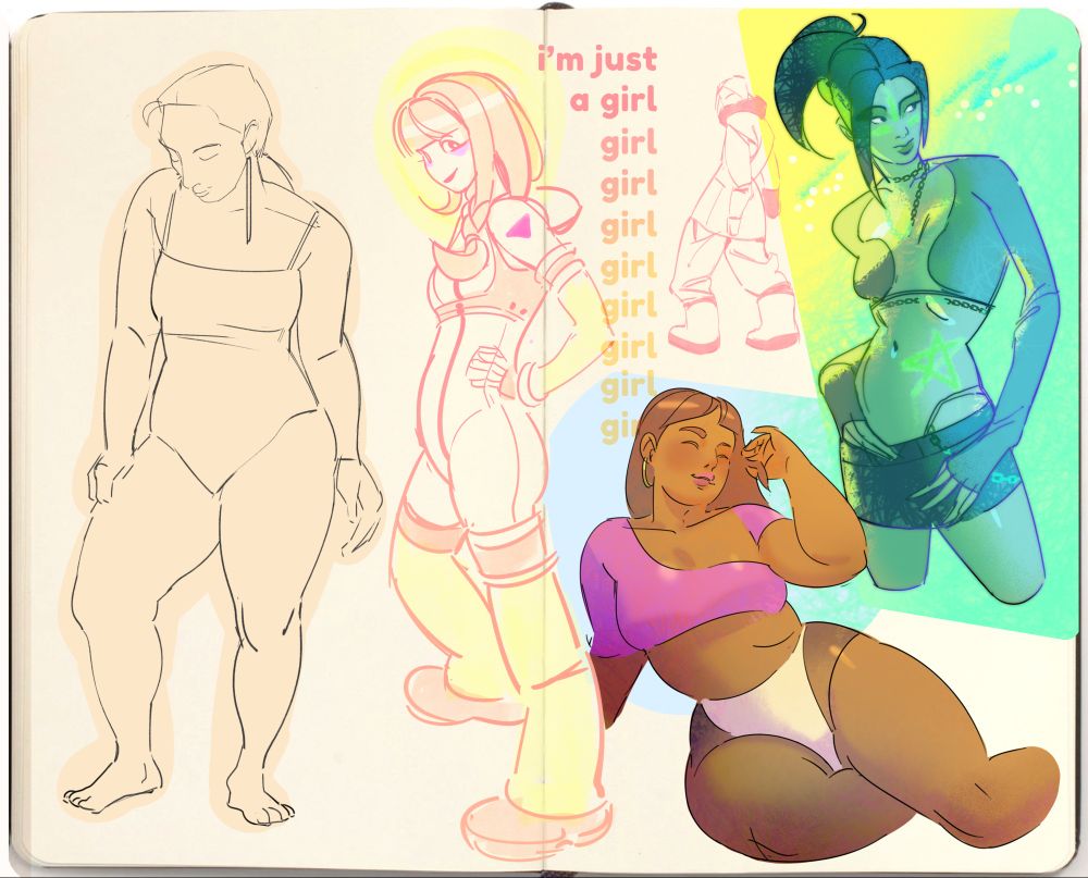 A sketchbook page of linework of more people. Some have been colored in. The text "i'm just a girl" is written in the middle and the word "girl" is repeated throughout the page.