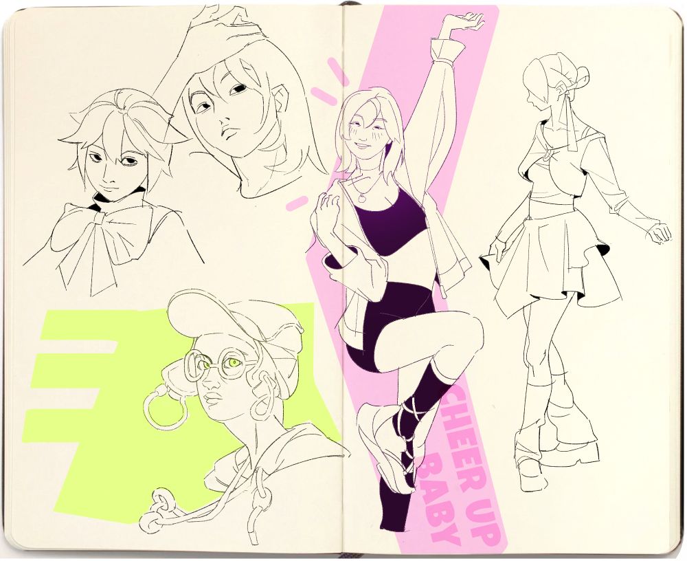 A sketchbook page with figure and head studies