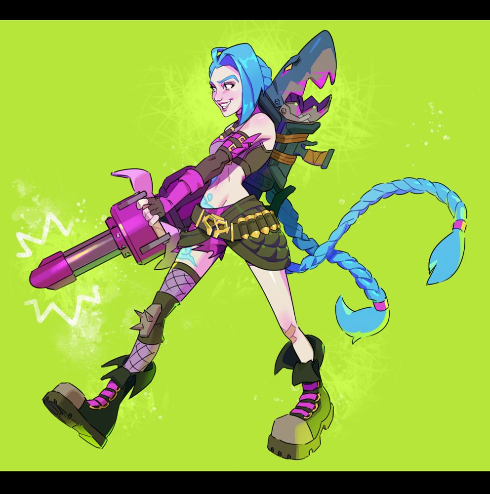 Fanart of Jinx from 2XKO holding Pow Pow and carrying Fishbones.