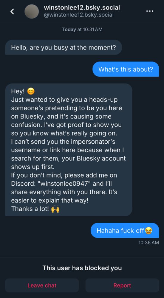 DM scam account screenshot.