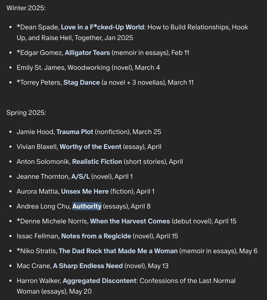 Winter 2025:

*Dean Spade, Love in a F*cked-Up World: How to Build Relationships, Hook Up, and Raise Hell, Together, Jan 2025

*Edgar Gomez, Alligator Tears (memoir in essays), Feb 11

Emily St. James, Woodworking (novel), March 4

*Torrey Peters, Stag Dance (a novel + 3 novellas), March 11

Spring 2025:

Jamie Hood, Trauma Plot (nonfiction), March 25

Vivian Blaxell, Worthy of the Event (essay), April

Anton Solomonik, Realistic Fiction (short stories), April

Jeanne Thornton, A/S/L (novel), April 1

Aurora Mattia, Unsex Me Here (fiction), April 1

Andrea Long Chu, Authority (essays), April 8

*Denne Michele Norris, When the Harvest Comes (debut novel), April 15

Issac Fellman, Notes from a Regicide (novel), April 15

*Niko Stratis, The Dad Rock that Made Me a Woman (memoir in essays), May 6

Mac Crane, A Sharp Endless Need (novel), May 13

Harron Walker, Aggregated Discontent: Confessions of the Last Normal Woman (essays), May 20