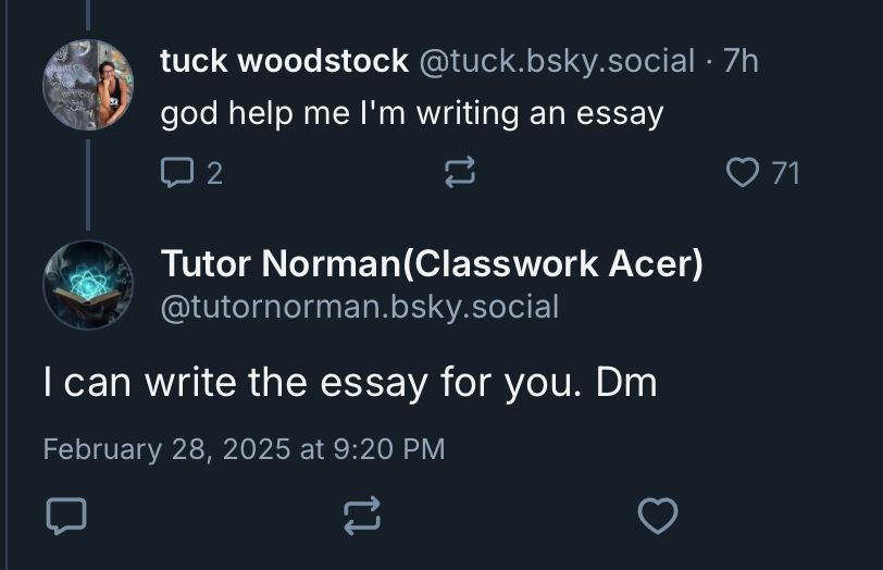 me posting "god help me I'm writing an essay" and then an account called "tutor Norman, classwork acer" replying "I can write the essay or you. dm.