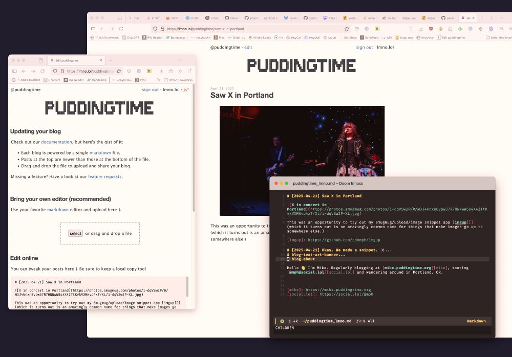 A screenshot of an Emacs window editing a Markdown file, a web browser with a blog post, and a web browser with an upload area. 