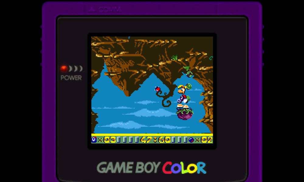 The bonus level that is shown after receiving a Ubi Key. Rayman is standing on a plum, a Ting is nearby on the right side.