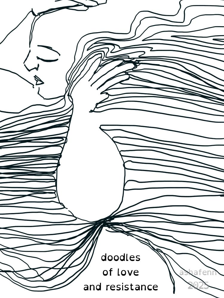 a being is holding a river of sensation and pain as it flows past them, pressing part up to their cheek, like they might be able to hear the ocean in all this flow. the title is 'doodles of love and resistance' by ashafenn.