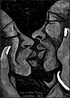 love in letter and line by ashafenn, made with the art studio app and charcoal brushes. Poetry and art are getting ready to spend some quality time together, and look like two beings, intense with anticipation, ready to kiss. black and white art.