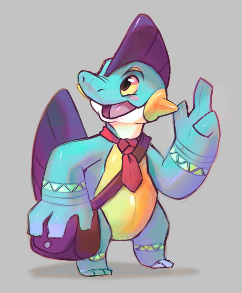 A marshtomp smiling and holding one hand up to wave while the other clasps at their shoulder bad. 