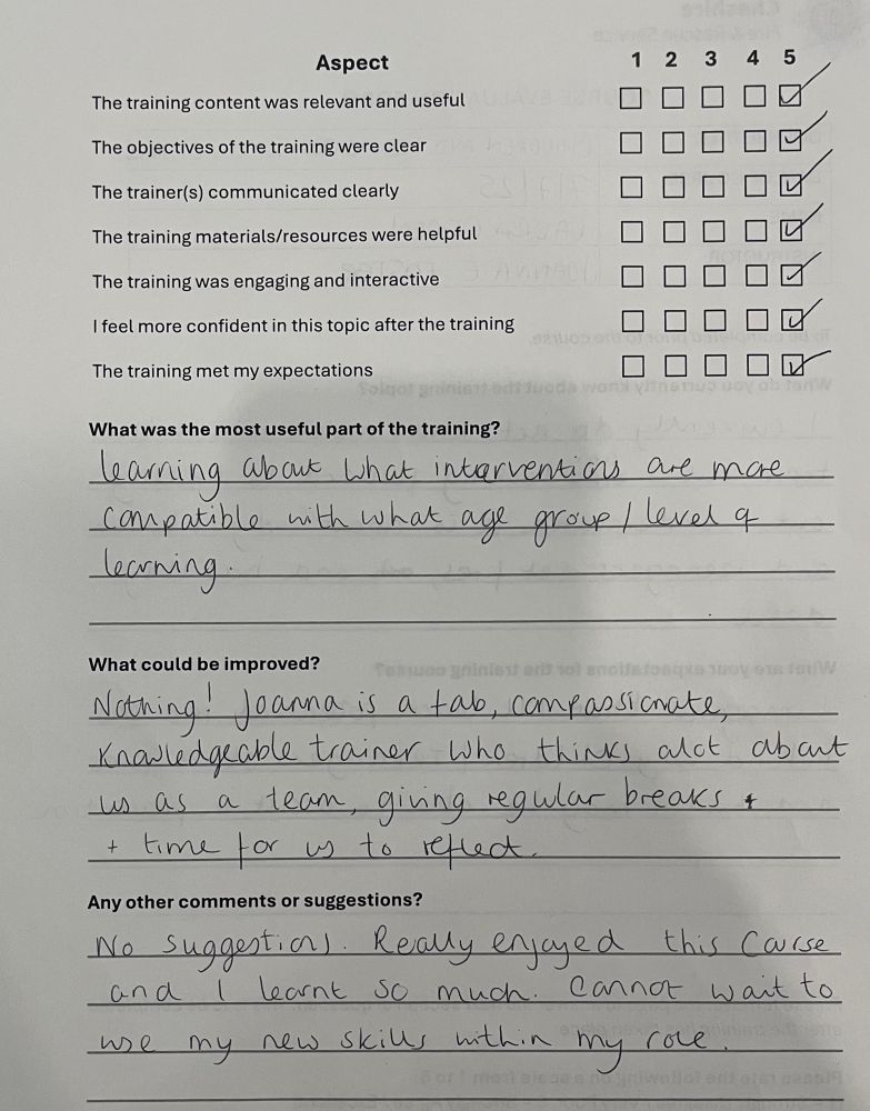 Feedback form for training that scored the highest marks possible across all categories valued and free text comments describing the trainer Joanna as fab, compassionate and thoughtful.