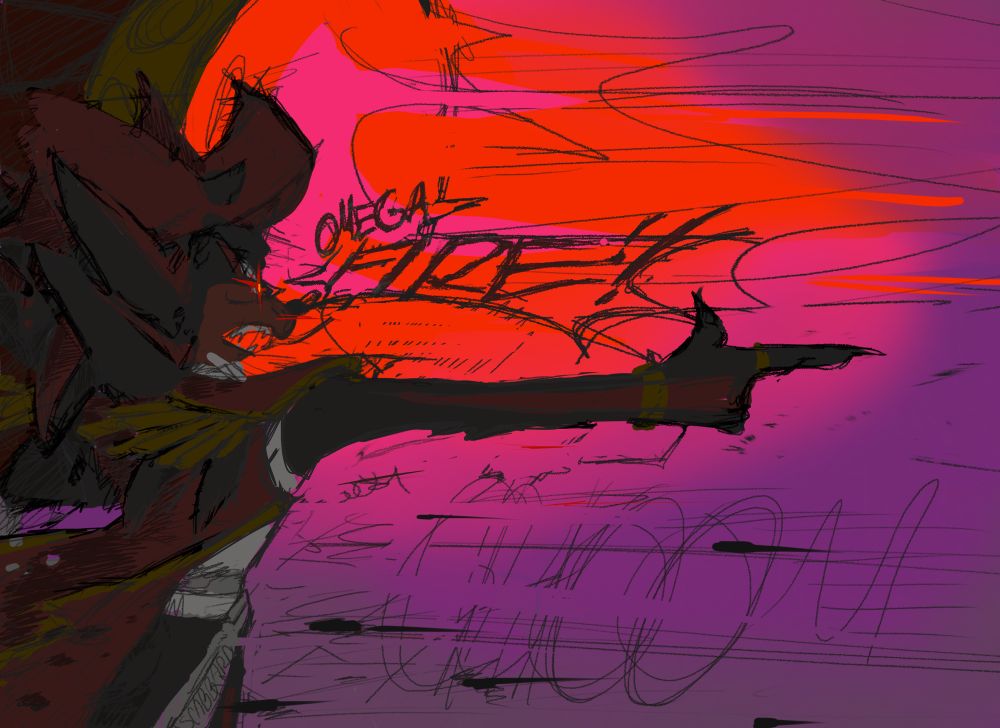This one was for a pow au haha, I still love how dynamic it is. Shadow stands before omegas canon, telling him OMEGA FIRE!!