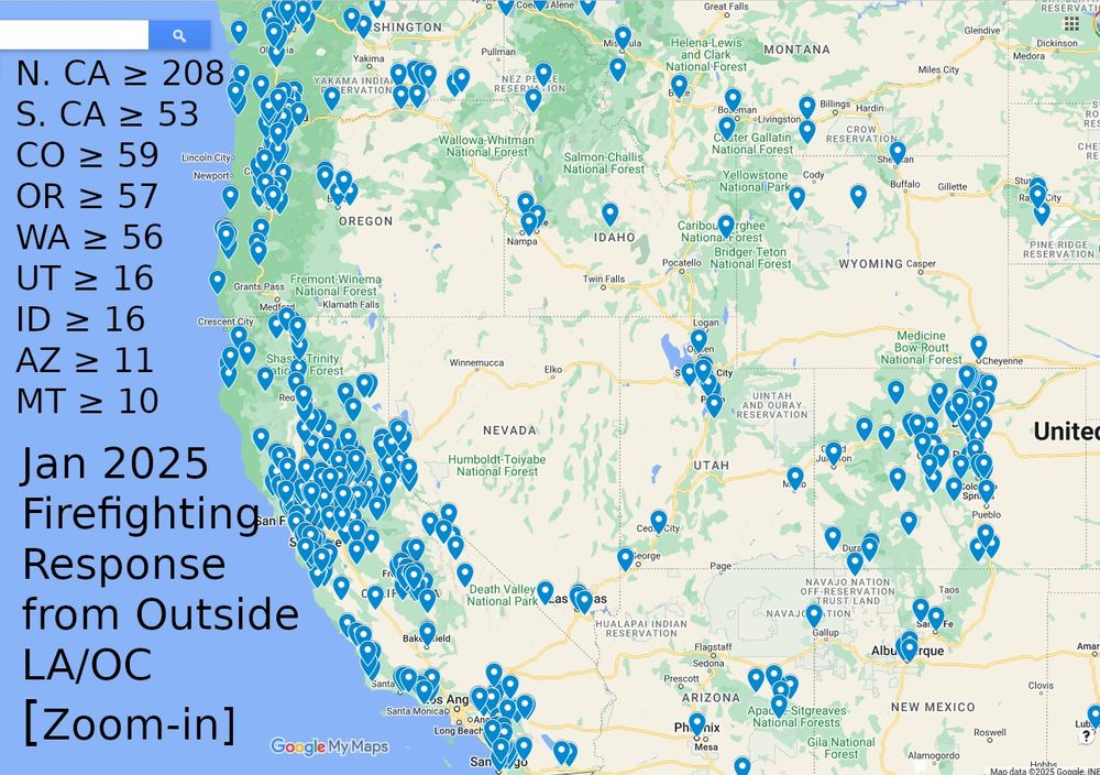 Map of firefighting agencies from western US that sent support to LA county to help with Jan 2025 fires. Map includes 208 from N. CA, 53 from S. CA, 59 from CO, 57 from OR, 56 from WA, 16 from UT and ID, 11 from AZ and NV, and 10 from MT (35 from TX mostly outside this image)