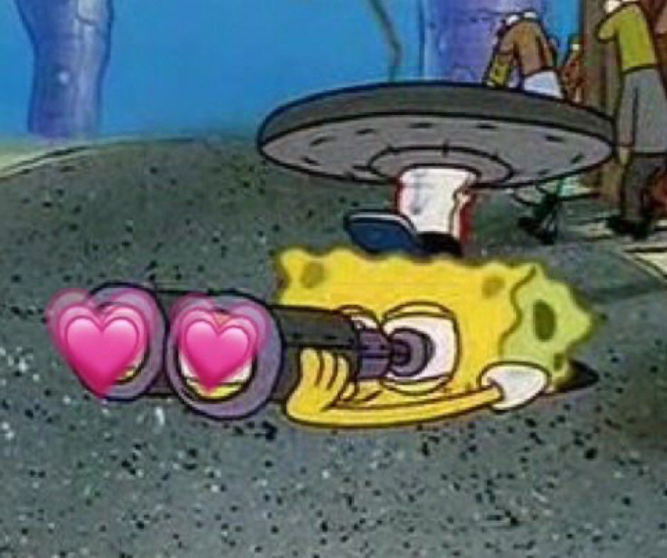 SpongeBob looking through binoculars with heart emojis 