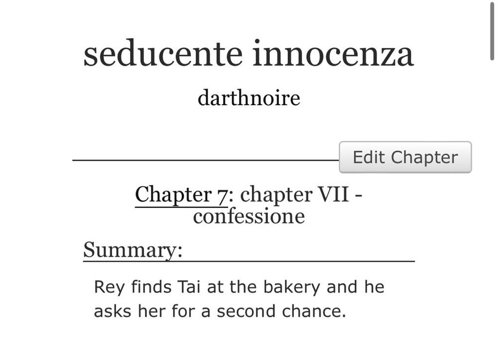 screenshot of ao3’s summary page that reads: Rey finds Tai at the bakery and he asks her for a second chance