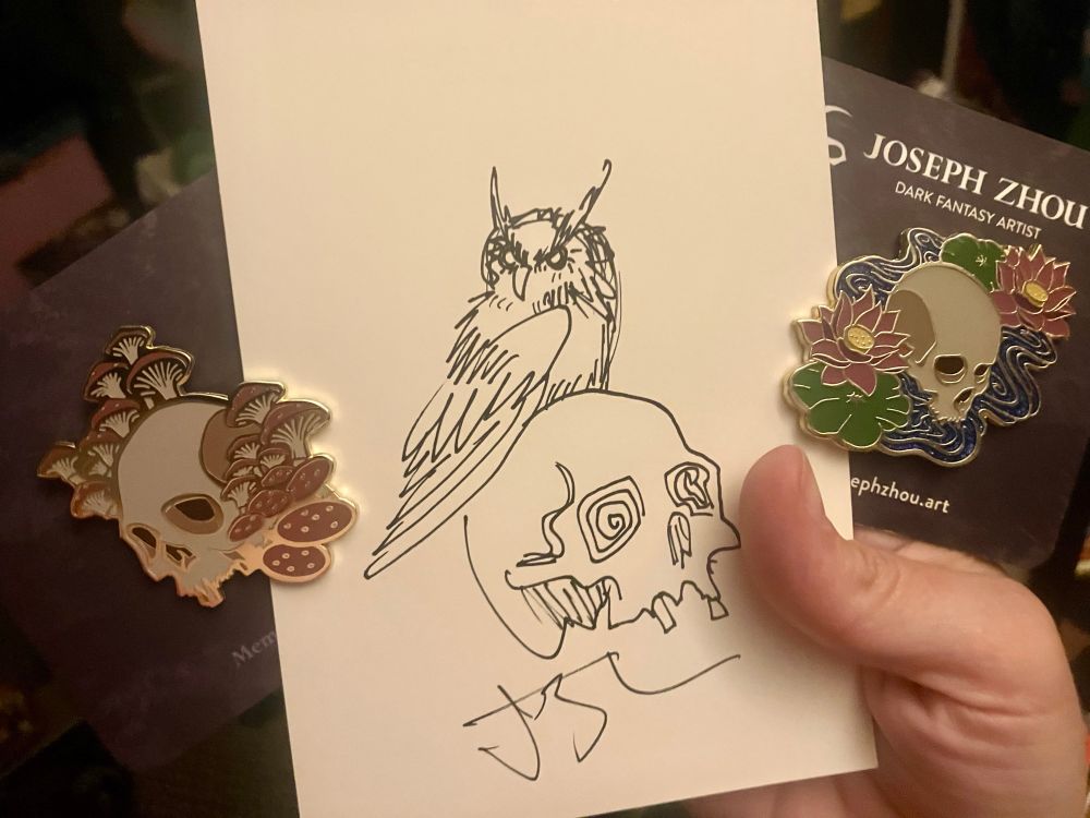 Skull enamel pin with mushrooms, skull enamel pin with water and lilies, sketch of owl standing on skull 