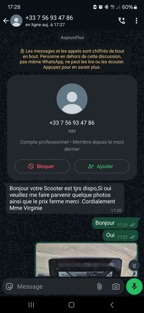 Message whatsapp d’accroche d'un brouteur qui ressort comme s'appelant "NM" mais dit s'appeler "Mme Virginie".