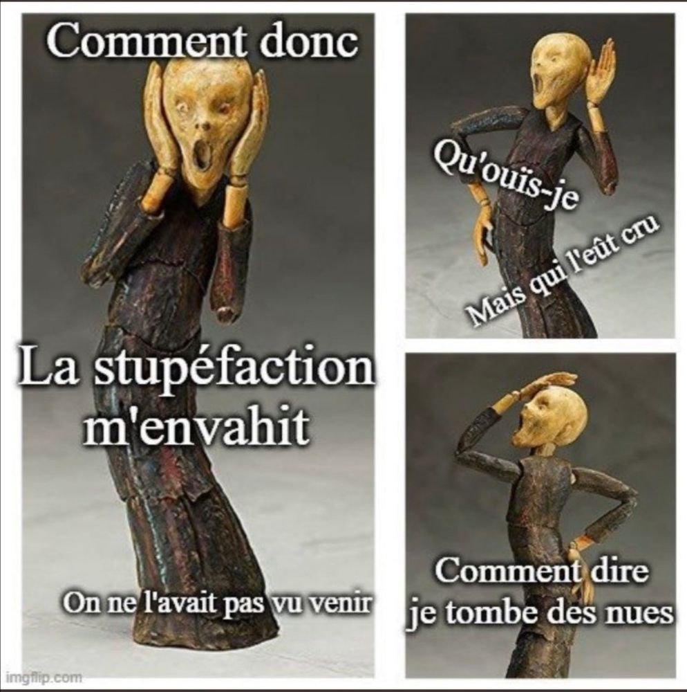 Même moqueur illustrant une statuette ébahie, en 3 clichés.
Texte 1. Comment donc, la stupéfaction m'envahit, on ne l'avait pas vu venir.
Texe 2. : qu’ouis-je mais qui l’eu cru 
Texte 3 : Comment dire je tombe des nues.
