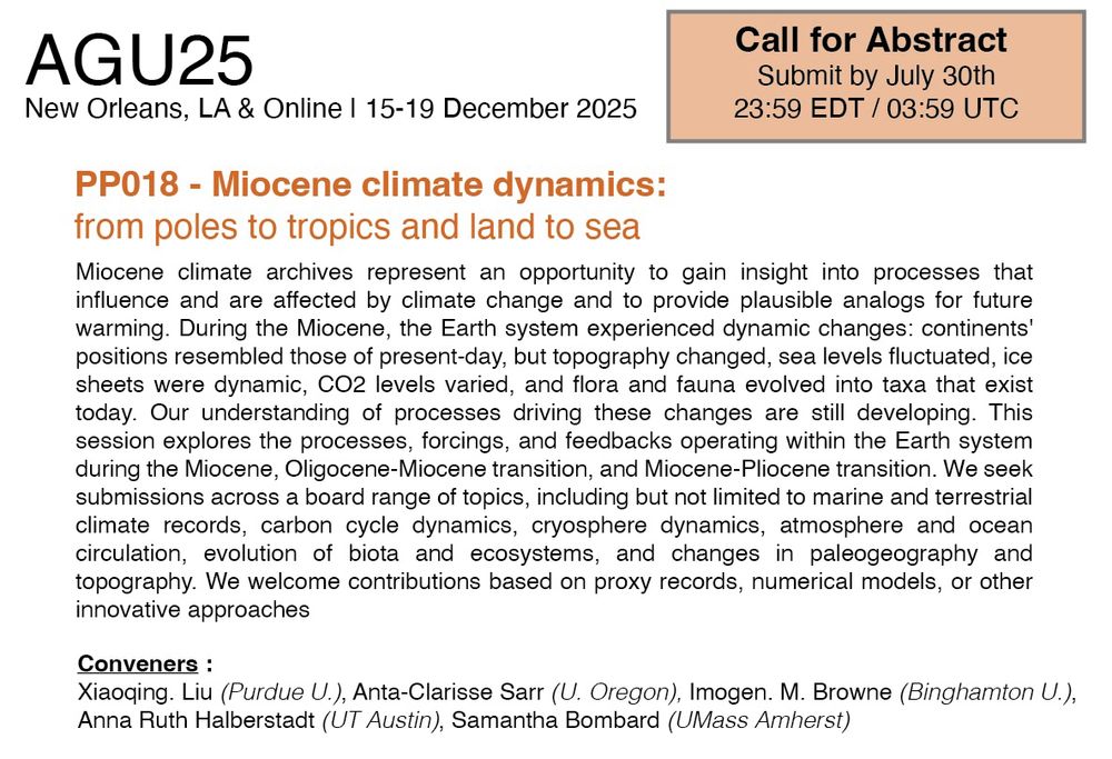 Advertisement for AGU 2025 session PP018 - Miocene climate dynamics: from poles to tropics and land to sea.  Details can be accessed on AGU 2024 Website.
