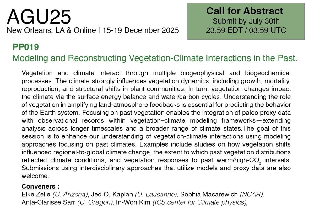 Advertisement for AGU 2025 session PP019 - Modeling and Reconstructing Vegetation-Climate Interactions in the Past.  Details can be accessed on AGU 2025 Website.